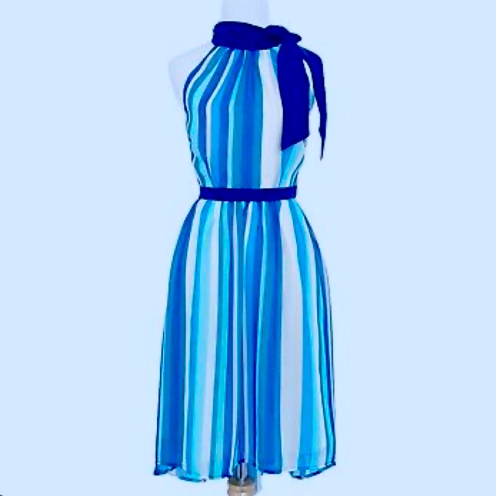 ModCloth 1x blue white stripe chiffon flowy tie neck halter dress lined retro